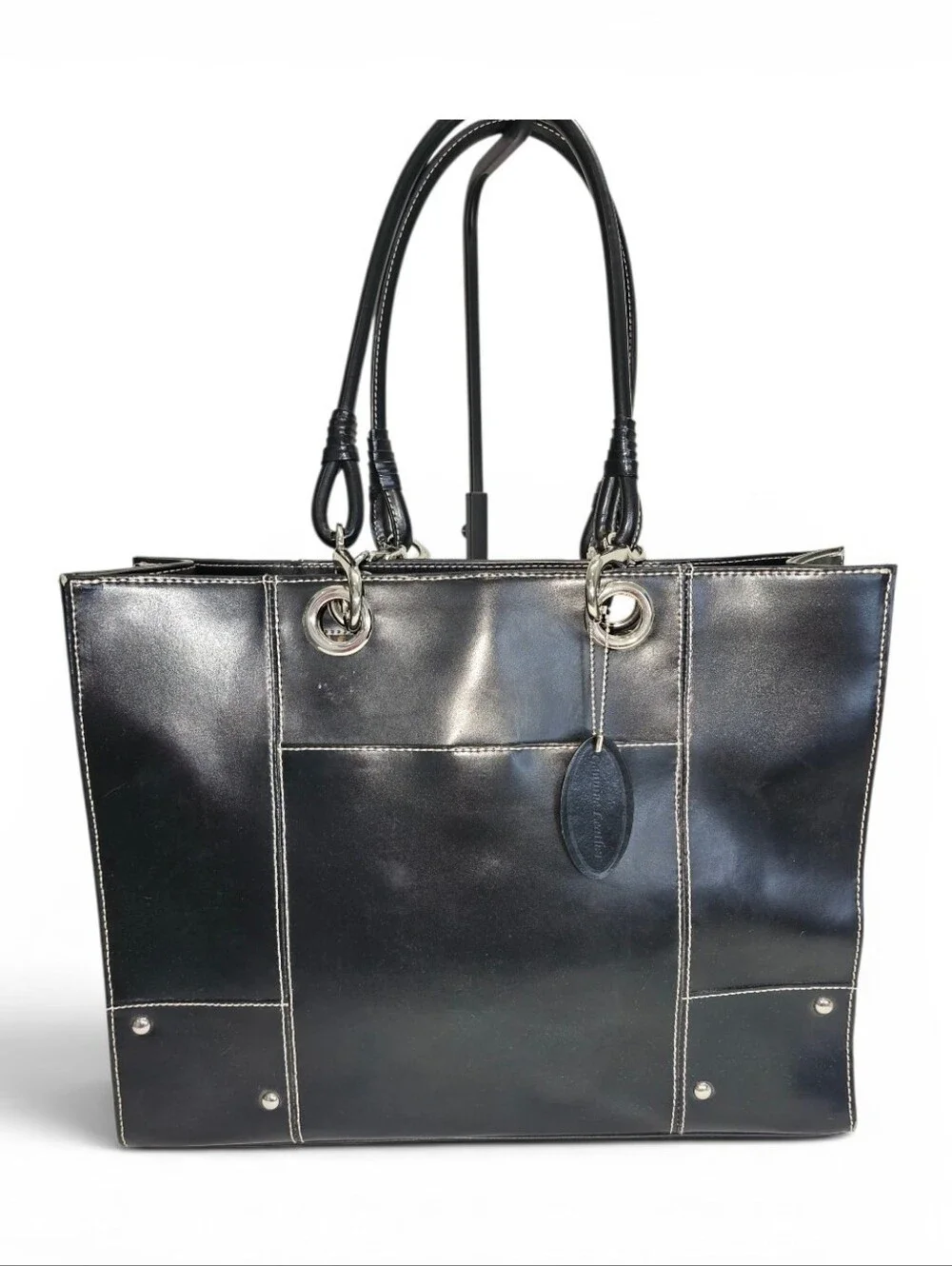 Wilsons Leather Black Leather Tote Bag with Contrast Stitching